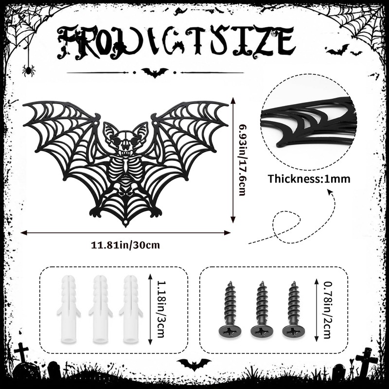 Frienda Halloween Gothic Wall Decor Metal Bat Skeleton, 11.8x6.9''
