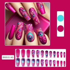Vintage Medium Length Short Press On False Nails Full Cover Acrylic Fake Nails for Women Gfits Unique Gothic Style Reusable Nails for Salons Home DIY Nail Art 24 PCS (BKS3140 Feather, Medium)