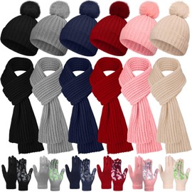 JaGely 18pcs Kids Winter Hat Gloves Scarf Set Warm Kids Knit Beanie with Pom Kid Gloves for Boys and Girls Scarf Toddler Gift (Cute)