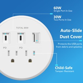 LIDER PD 65W GaN Technology Desk Grommet, Power Delivery, USB-A and 2 USB-C Ports, Tamper-Resistant Receptacles, Self-Close Cover, Desk Charging Station, White, 6.5ft Cord, ETL Listed