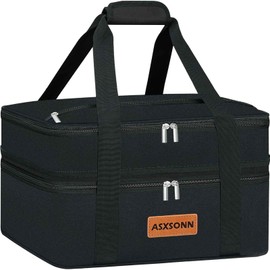 ASXSONN Double Decker Insulated Casserole Carrier for Hot or Cold Food, Expandable Insulated Food Carrier for Parties, Picnic, Beach, Fits 9"x13" Baking Dish (Black)