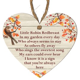 Heart-Shaped Memorial Plaque - "Little Robin Redbreast" - Autumn Garden Design with Sweet Sentiment - A Heartfelt Tribute to Loved Ones - Hanging Wooden Decoration for Indoor Use