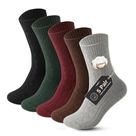 Caudblor 5 Pack Cotton Crew Sock For Women, Thick Warm Boots Socks For Winter Cold Weather, Vintage Cable Knit Socks Size 5-10, Black Grey Brown Green Red Colorful Indoor House Warm Dress Socks