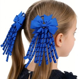 Royal Blue School Hair Bow Spiral Ties, 2 Pcs Satin Curly Ribbon Streamers Elastic Hair Bobbles for Girls Toddlers Kids Uniform Accessories (Blue)