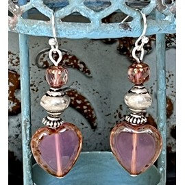 Silver with Dusty Pink Bead Dangle Earrings Heart Love Jewelry Earrings for Women #3298FE3904