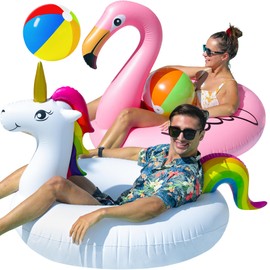 PARENTSWELL 43'' Inflatable Unicorn Flamingo Pool Floats, 2 Pack Pool Tube Floaties Swim Rings with 2 Beach Balls, Inflatable Pool Raft Tubes for Adults Pool Party Favors