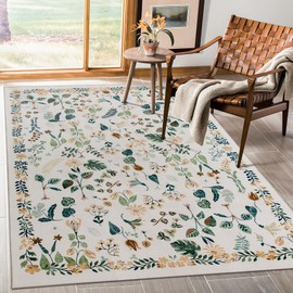 DECOMALL Jasmine Washable Area Rugs, Colorful Modern Flower Rug with Rubber Backing, Foldable Non Slip Plant Carpet for Living Room Bedroom Dinning Room, 6x9ft, Green Beige
