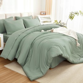 Litanika Comforter Queen Size Set Sage Green - 7 Pieces Bed in a Bag Queen Bedding Comforter Sets, Plain Lightweight Bed Set with Comforter, Sheets, Pillowcases & Shams