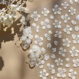 1 Sheets Embossed Flower Nail Stickers for Nail Art Holographic Laser Summer Floral Nail Art Stickers 5D Self-Adhesive Crystal Petals Nail Decoration White Flowers Nail Decals for Women Nails Designs