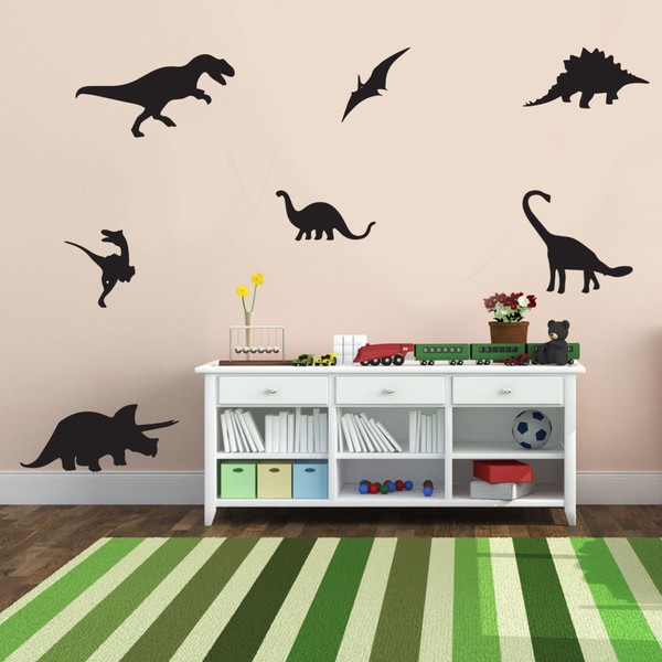 Set of 7 Vinyl Wall Art Decals - Dinosaurs - 5" x 12" - Cool Adhesive Sticker Cute Animals Design for Baby Kids Room Bedroom Playroom School Classroom Nursery Decor