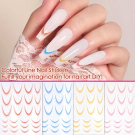 GEUUFEA 4 Sheets French Line Nail Stickers, Self-Adhesive Nail Tips Guides, Colorful Curved Lines Nail Art Designs, 5D Gradient Color Decals for Women DIY Nails Decorations