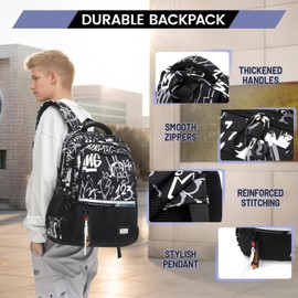 Amythe School Backpack Teenager Backpack for Boys - Waterproof Casual Daypack, School Bag Ideal for School, Travel and College, School Bag Black, White Numbers