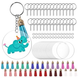 NVGFTG Pack of 120 Acrylic Transparent Circle Keychain Set with Acrylic Key Ring Blanks Key Rings with Chain Jump Rings Colourful Tassels Pendant for DIY Key Chain Crafts