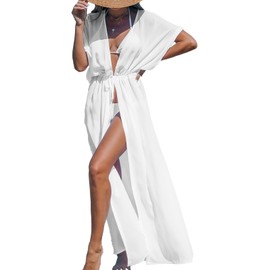 CUPSHE Women Bathing Suit Cover Up Kimono Swimsuit Coverups Open Frongt Long Cardigan Beachwear Solid White, L