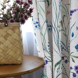 always4u Linen Look Curtains Dragonfly & Floral Print 95 Inches Long Light Filtering Window Drapes for Living Room Farmhouse Curtain Bedroom 2 Panels