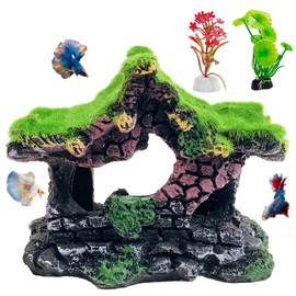 Hamiledyi Resin Hollow Hideout House for Aquarium Decoration Fish Tank Accessories Betta Cave with Lifelike Moss for Shrimp Fish Shelter