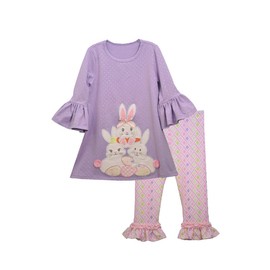 Bonnie Jean Lavender Pink Geo Foil Dot Easter Bunnies Ruffled 2 Piece Capri Set (6X)