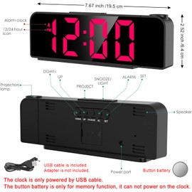 Titifeya Digital Projection Alarm Clocks LED Bedside Clock for Bedroom Ceiling 12/24H Temperature Date Display 180° Rotatable Projector Adjustable Brightness Snooze Night Mode for Home Office