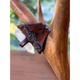 Gray Wolf Collections Druid Ring, Tooled Leather, Raw Quartz Crystal, Western, Celtic Design