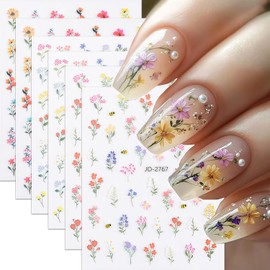 Summer Nail Stickers for Nail Art, Tulip Nail Decals 3D Self-Adhesive Spring Summer Blossom Floral Small Flowers Nails Art Design Sticker Cute Nails Decoration for DIY Acrylic Salon Manicure 6 Sheets