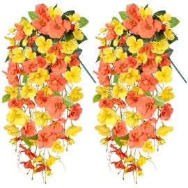 Artificial Hibiscus Fake Hanging Flowers Plants for Outdoors Fall Autumn Decoration, 2pcs Silk Hibiscus Trailing Vines UV Resistant Realistic Faux Flowers for Outside Front Door Porch Yard Indoor, Mix
