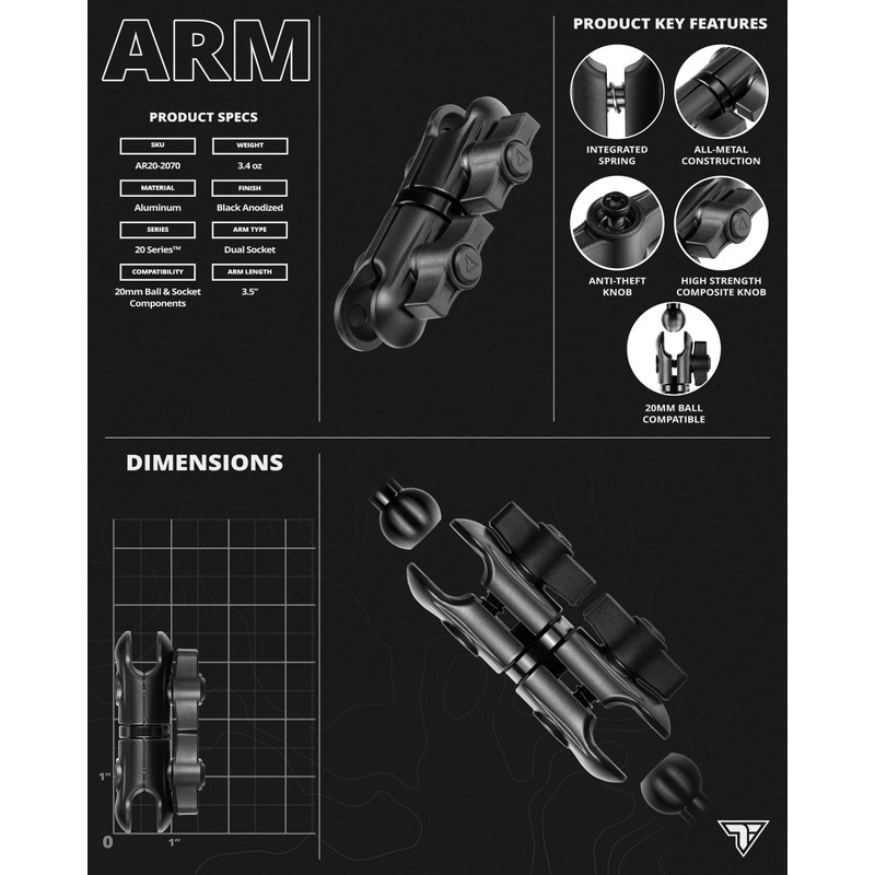 Tackform 3.5" Long Metal 20mm Ball and Socket Arm DuraLock