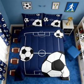 Erosebridal Football Comforter Set Twin Size Boys Sports Theme Comforter for Teens Soccer Ball Pattern Bedding Set Football Court Quilt Bedroom Decor Playground Blue White for Kids Girls