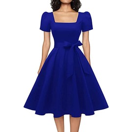 OBBUE Women's Square Neck Dress Vintage 1950s Cocktail Party Dress with Puff Sleeves Royal Blue L