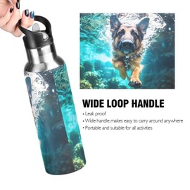 German Shepherd Dog Underwater Water Bottle with Straw Lid Kids Insulated Stainless Steel Water Flask Sports, 20 Oz Hot Cold