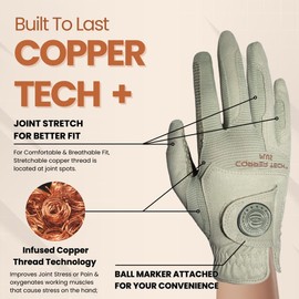 Copper Tech Men's Golf Gloves - Optimal Wrist Support with Copper Infused Thread - 100% AAA Synthetic Tacky Leather - Perfect for Summer & Fall Golfing - Golf Gloves Men (Hand Orientation: Both Hand)