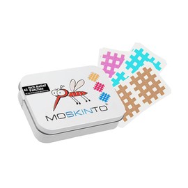 Moskinto - Parches Originales para Alivio de Picazón y Hinchazón por Picaduras de Mosquitos, Colores Divertidos (Rosa, Azul y Beige), en Lata Reutilizable, Pack Familiar de 42 Parches