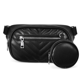 UTO Cross Body Bag for Women Ladies Bum Bag Chest Purse Fanny Pack V Embroidery Thread Faux Leather Black