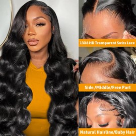 KAITHLYPO Peluca De Cabello Humano Con Encaje Frontal De 34 Pulgadas, Densidad 200, Prearrancada, 13X6, Hd, Onda Corporal, Color Natural, Sin Pegamento, Con Cabello De Bebé