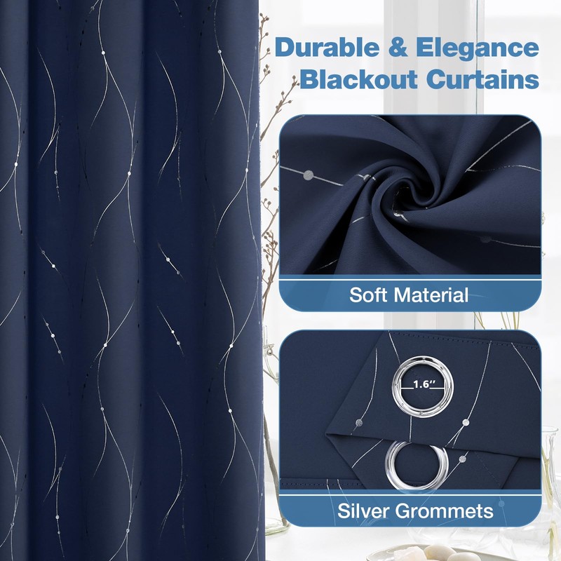 BUHUA Short Blackout Curtains - Silver Wave Pattern, Grommet Top