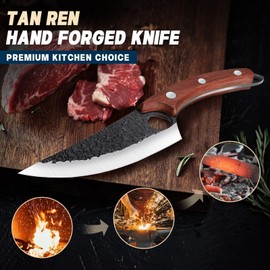 TAN REN 3PCS Butcher Knife Set for Meat Cutting, Hand Forged Meat Cleaver Knives with Wood Handle, Grilling Knife Set for Men, Christmas Gifts for Men
