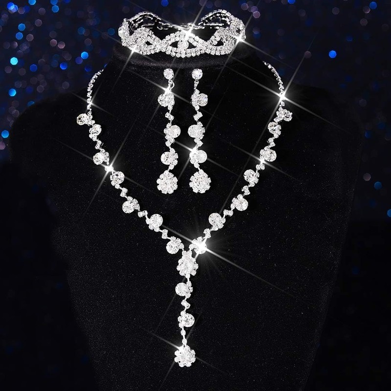 Aukmla Rhinestone Wedding Prom Jewelry Sets Silver Diamond Necklaces and