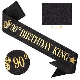 TOBATOBA 90th Birthday King Sash 90th Birthday Decorations for Men, Gold Foil Black Satin Birthday Sash for Men 90th Birthday Gift for Men 90th Birthday Party Favors Decorations