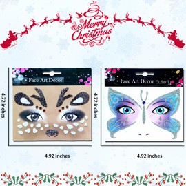 Christmas Deer Temporary Tattoos Winter Butterfly Wing Face Tattoo for Women Girls Elk Face Decals Cute Glitter Face Stickers Flash Fairy Floral Festival Birthday Animals Cosplay Party Favors 2Pcs