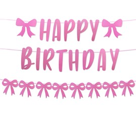 Pink Bow Happy Birthday Banner, Glitter Coquette Bow Birthday Garland for Girls Bow Birthday Party Baby Shower Bridal Shower Bachelorette Party Decors
