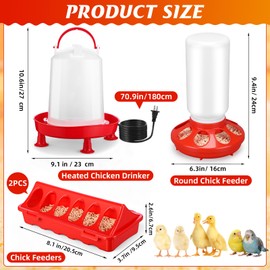 4 Pack 3L Heated Chicken Waterer for Winter 0.8 Gallon Heated Poultry Fountain with Leg Support and 2.9 Pounds Automatic Chicken Feeder and Poultry Feeder Tray for Chickens Duck Birds Pigeon