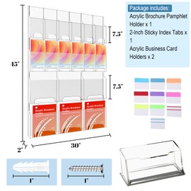 Acrylic Brochure Holder Wall Mount, Magazine and Pamphlet Display, Clear Literature Organizer Rack for 12 Pamphlets and 6 Magazines, Flyer Pamphlet Holder with Business Card Holders and Index Tabs