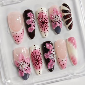 Handmade Press on Nails Almond Medium 3D Floral Nails French Tip Thick Acrylic Fake Nails Sturdy False Nails with Polka Dots Flower Water Drop Designs Pink&Red Nail Art Press on Nails 10Pcs(M)