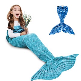 AmyHomie Mermaid Tail Blanket, Kids Mermaid Blanket Crochet Mermaid Sleeping Bag Mermaid Gift for Girls(Light Blue, Kids)