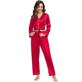 SWOMOG Satin Couples Matching Pajamas Set Silk Long Sleeve Sleepwear Nightwear Loungewear Red