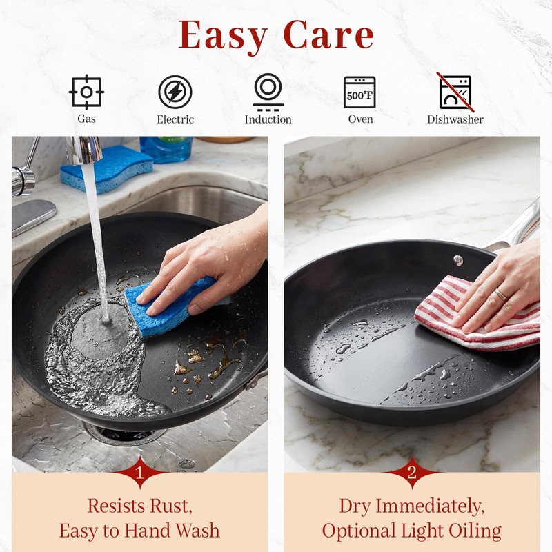 Carbon Steel Frying Pan 12" - Pre-Seasoned Carbon Steel Skillet,
