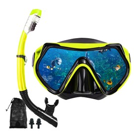 Snorkel mask Snorkeling Set for Adults and Youth, Diving mask and Full Dry Snorkel Swim Googles is Suitable for Snorkeling, Dive Scuba Diving, Swimming (Yellow)