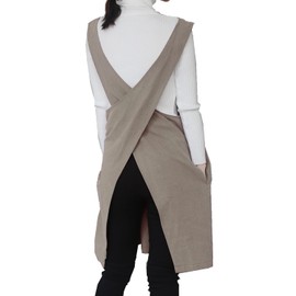 AOBBYBBS Cotton Linen Apron Halter CrossBack Bandage Aprons Japanese Style X Shape Pocket (Khaki)
