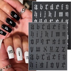 Retro English Letters Nail Stickers 3D Self Adhesive Old English Nail Art Stickers Black White Gold Silver Nails Design Decals Old Alphabet Nail Decorations for Women DIY Nails Supplies 8Sheets
