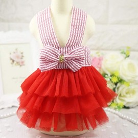 Dog Dress for Dog,Pet Cats Rabbit Bowknot Tutu Fancy Adorable Striped Mesh Dress Princess Petti Vest Doggie Dresses for Small Medium Dogs Pomeranian Chihuahua Skirt Pet Puppy Puppies Clothes Red S