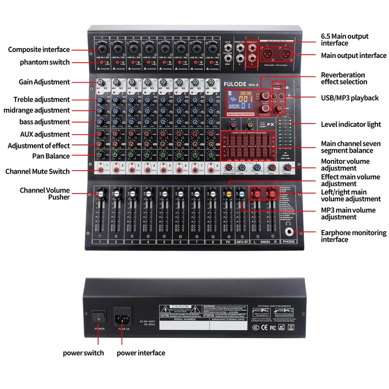 FULODE 8-Channel Professional Audio Mixer Sound Board Console 99 Bit
